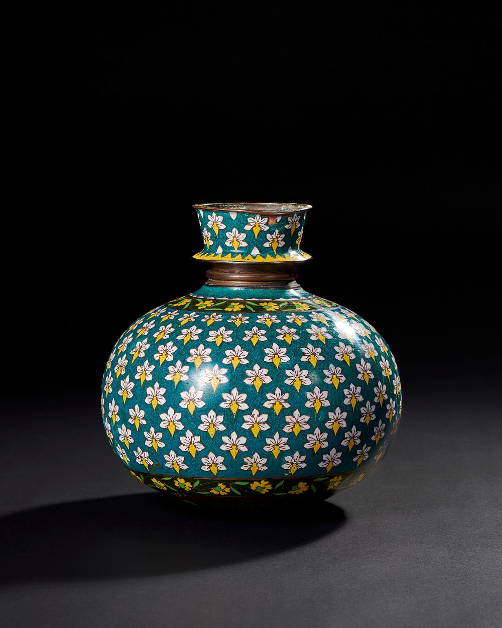 Lot 167: RARE 18TH-19TH CENTURY ENAMELLED COPPER HUQQA BASE, POSSIBLY CHINESE FOR THE INDIAN MUGHAL MARKET