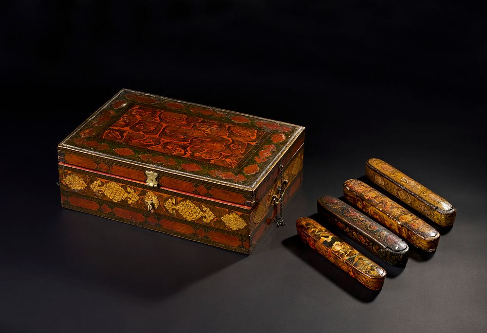Lot 178: ASSORTED QAJAR LACQUERED PAPIER-MACHE BOX AND PEN CASES