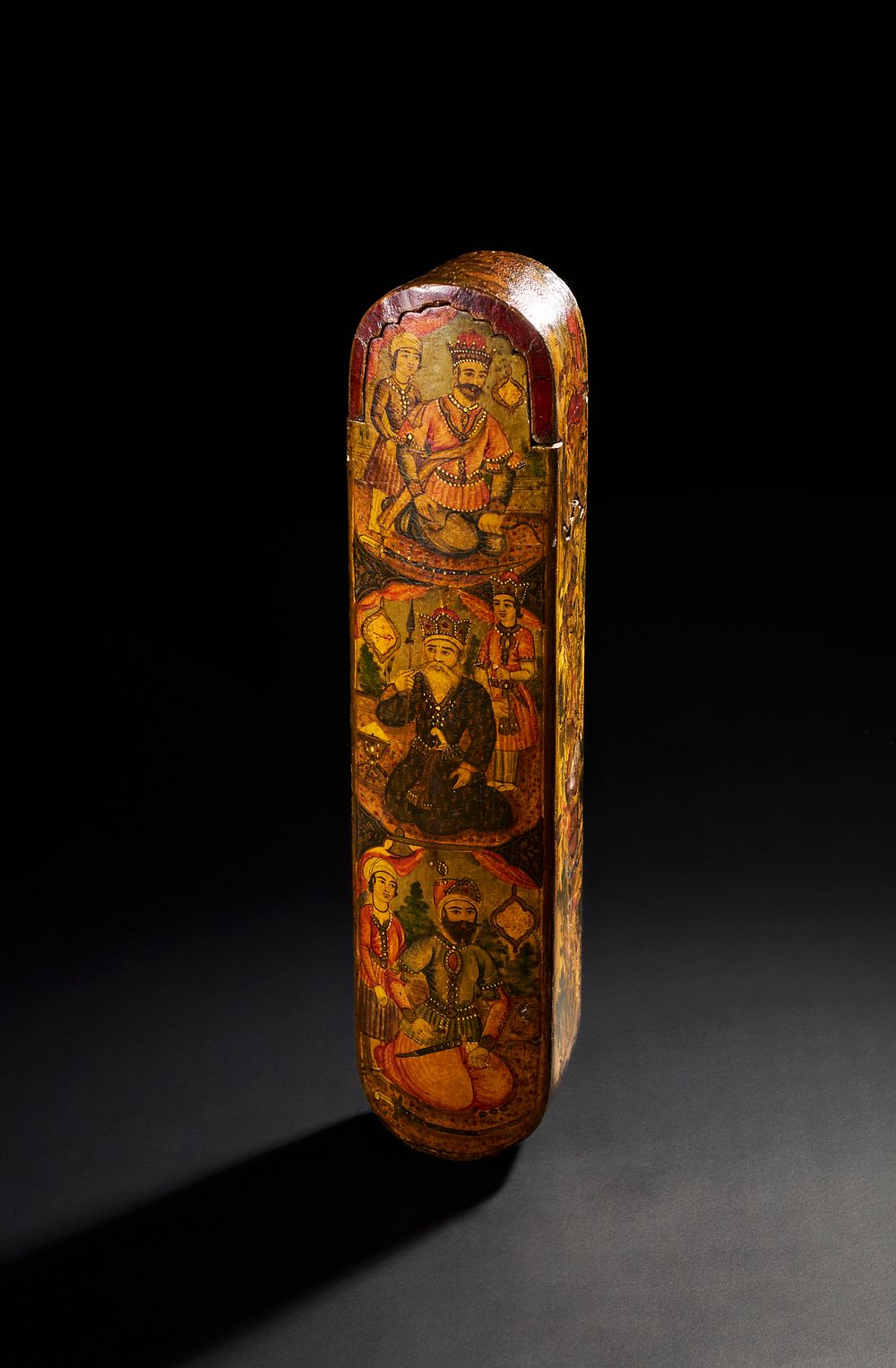 Lot 179: UNUSUALLY LARGE 19TH CENTURY PERSIAN QAJAR LACQUERED PEN BOX (QALAMDAN) DEPICTING PORTRAITS OF ANCIENT PERSIAN KINGS