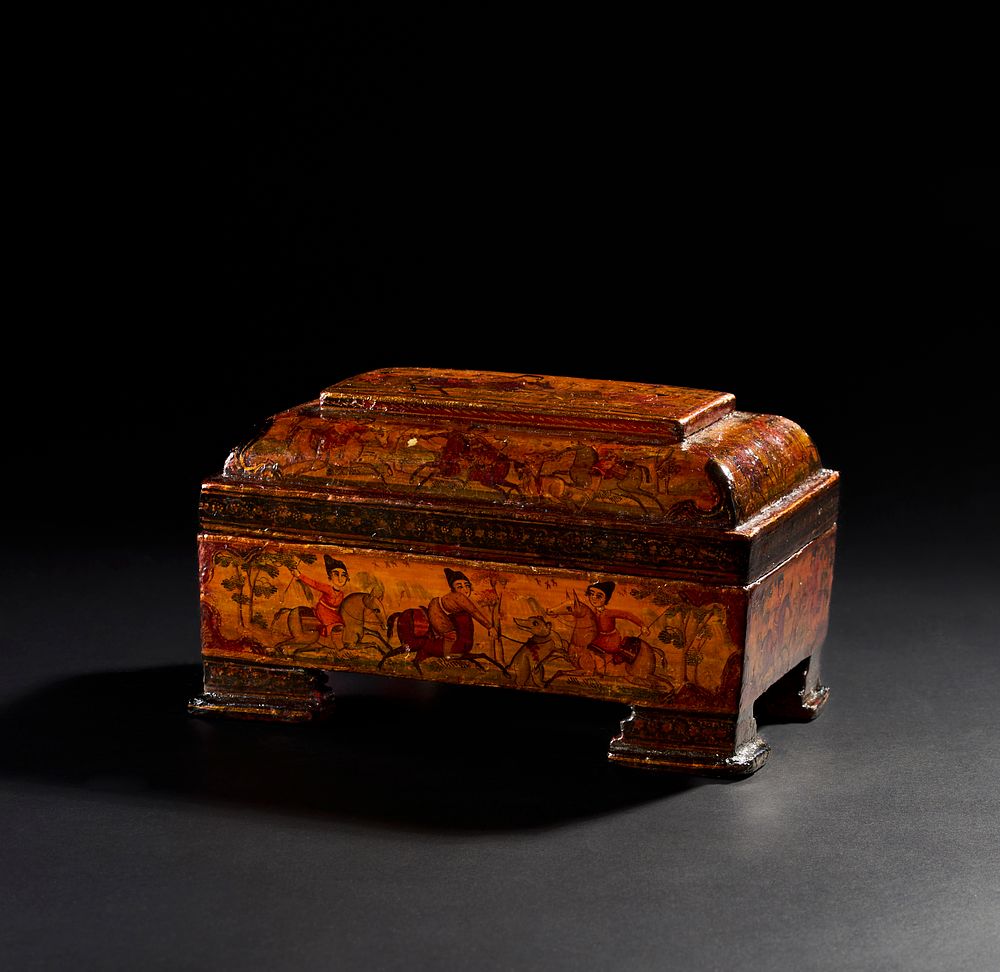 Lot 177: A19TH CENTURY PERSIAN QAJAR LACQUERED BOX DEPICTING HUNTING SCENES