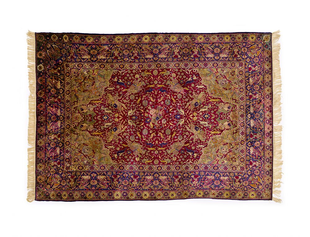 Lot 189: SILK HUNTING SCENE RUG, POSSIBLY SAFAVID ERA