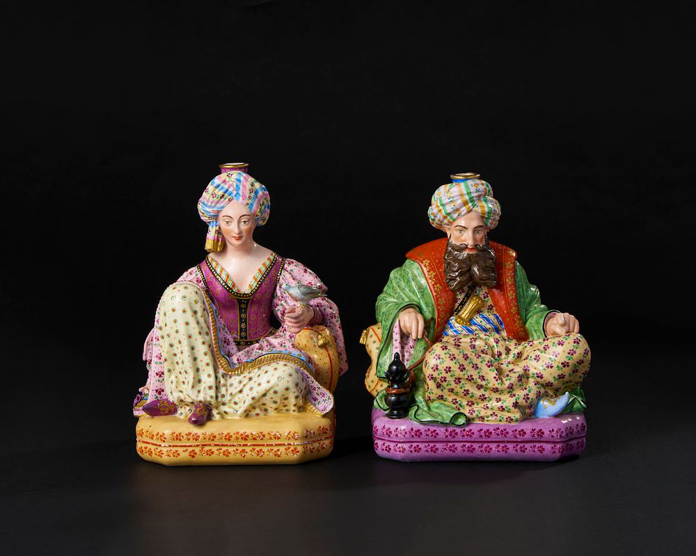 Lot 189: A PAIR OF PORCELAIN SEATED SULTAN AND SULTANA FIGURINES, JACOB PETIT, FRANCE, 19TH CENTURY