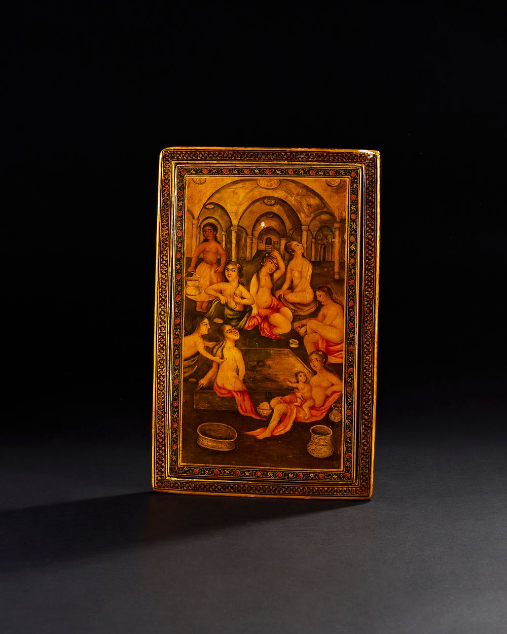 Lot 151: A 19TH CENTURY QAJAR LACQUERED MIRROR CASE SIGNED YA SAHIB AL-ZAMAN AND DATED
