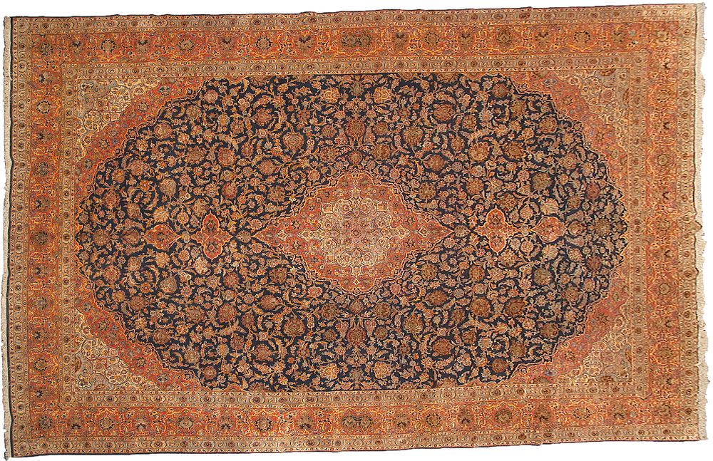 Lot 341: LARGE ANTIQUES PART SILK KASHAN CARPET, 577 X 375CM