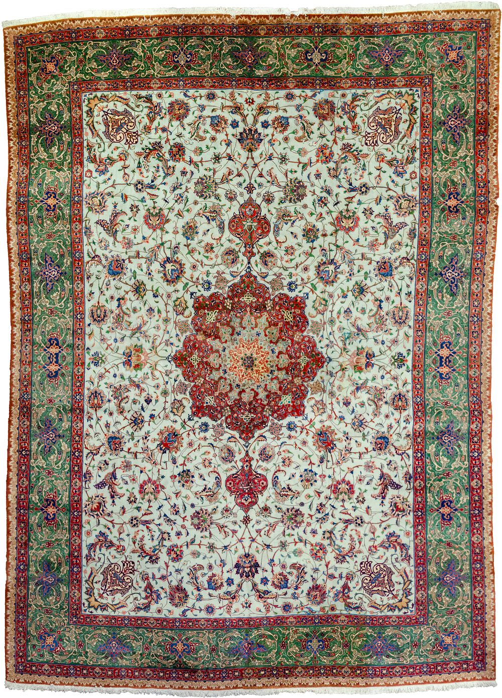 Lot 367: A VINTAGE PART SILK TABRIZ CARPET, 390 X 288CM