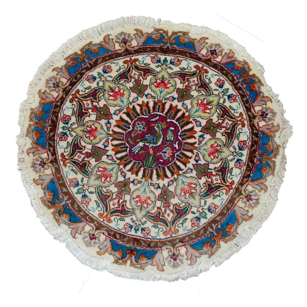 Lot 371: VINTAGE PART SILK TABRIZ RUG, 47 X 47CM
