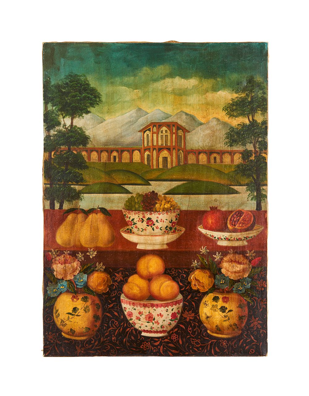 Lot 283: STILL LIFE WITH FRUIT AND PALACE , QAJAR, 19TH CENTURY