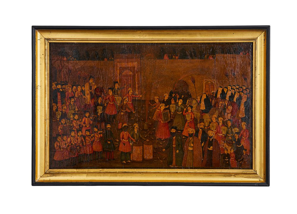 Lot 285: A QAJAR LACQUER PAPIER-MACHE PANEL DEPICTING A WEDDING SCENE, 19TH CENTURY