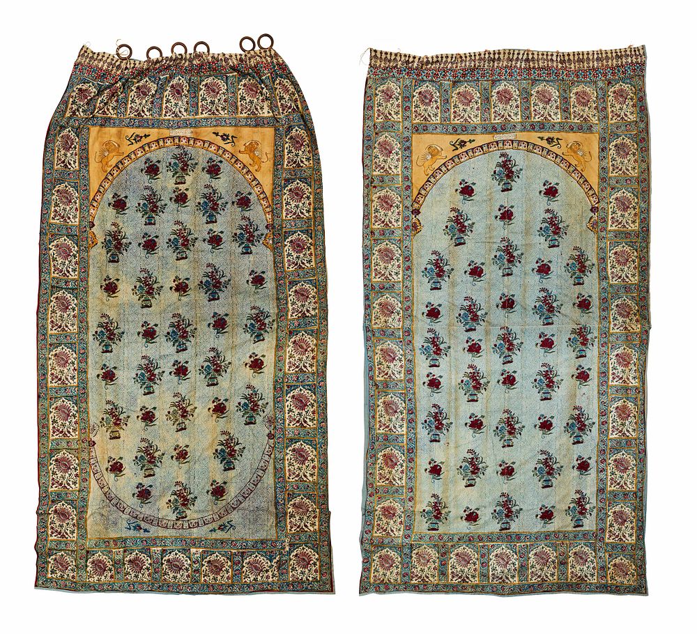 Lot 284: A PAIR OF QAJAR QALAMKARI CURTAINS, SIGNED HAJI ABDUL VAHAB IBN HAJI MUHAMMAD, AH 1310