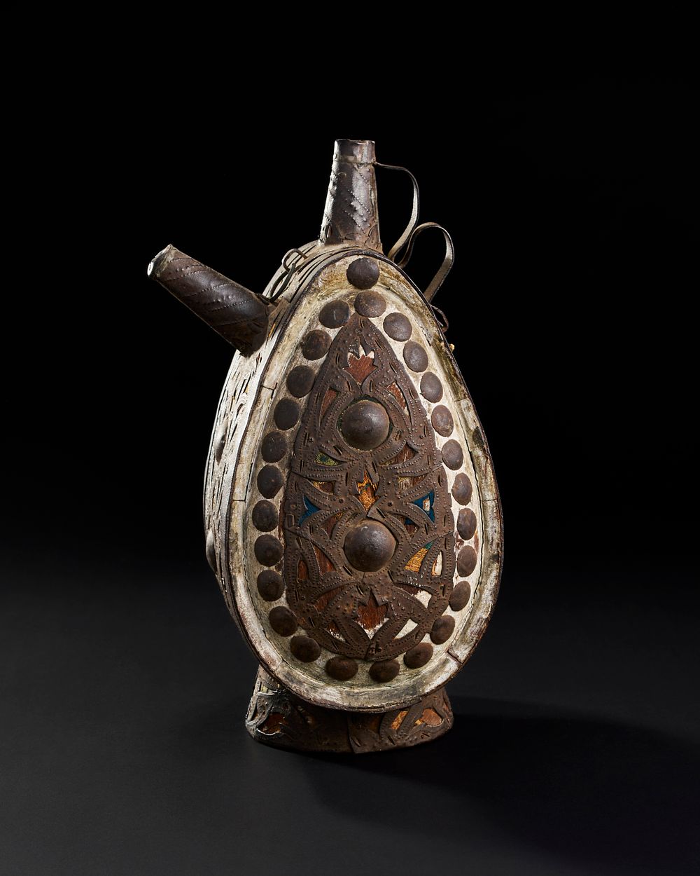 Lot 254: A RARE IRON AND FABRIC OVERLAID WOODEN WATER FALSK (MATTARA), OTTOMAN, 17TH CENTURY