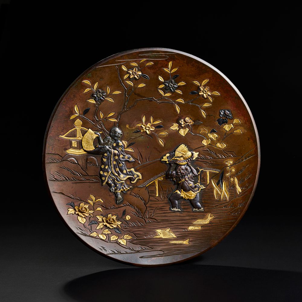 Lot 277: A JAPANESE MIXED METAL INLAID BRONZE CHARGER, MEIJI PERIOD