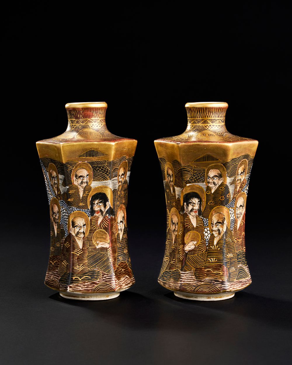 Lot 279: A PAIR OF HEXAGON JAPANESE CERAMIC VASES DEPICTING BUDDIST MONKS, 19TH CENTURY