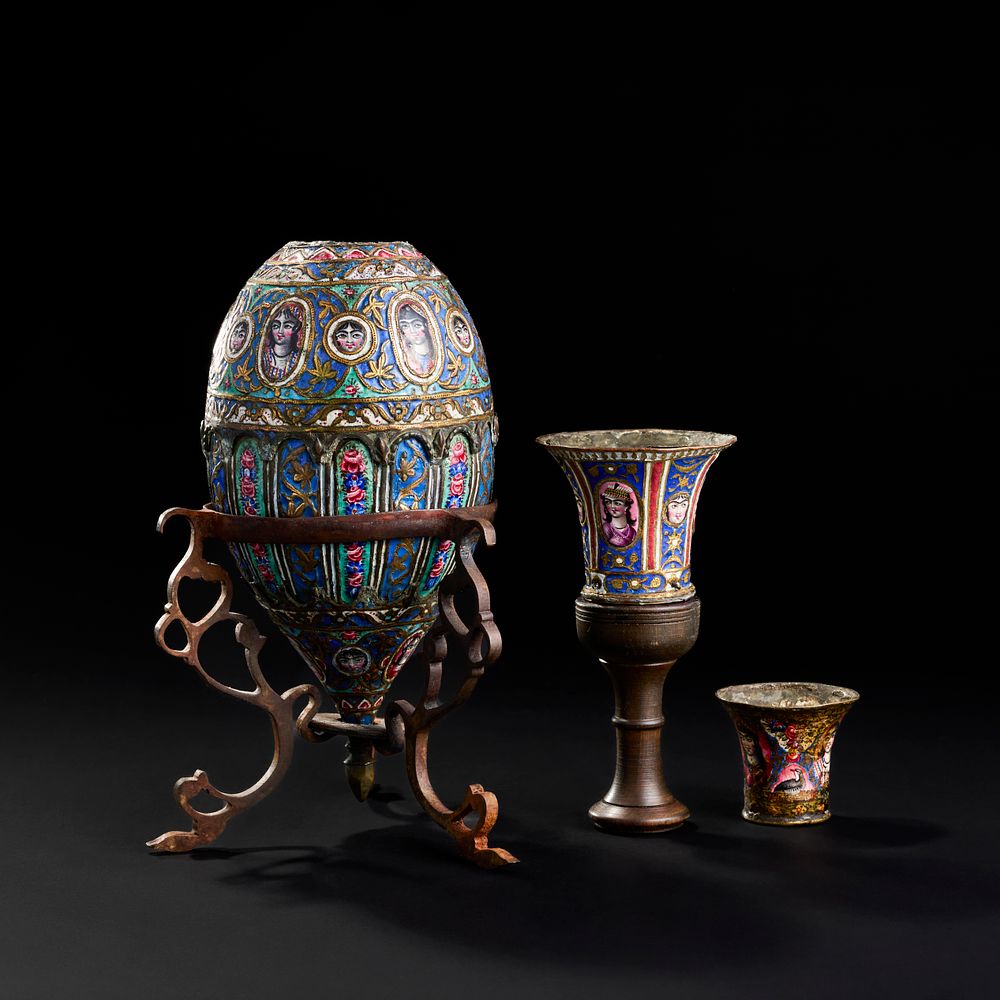 Lot 302: A QAJAR ENAMELLED HUQQA BASE AND CUPS, 19TH CENTURY