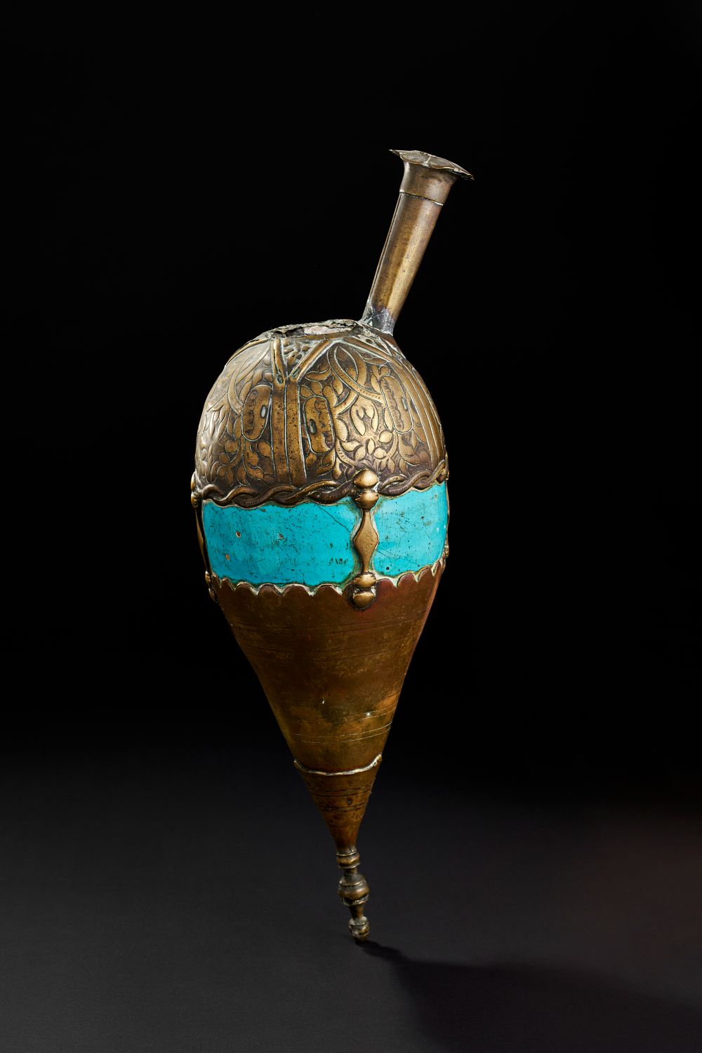 Lot 304: A BRASS MOUNTED TURQUOISE GLAZED CERAMIC HUQQA BASE, OTTOMAN TURKISH, 18TH CENTURY