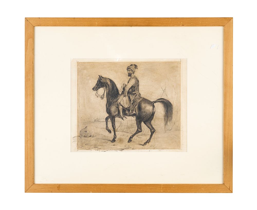 Lot 323: AN ORIENTALIST DRAWING OF AN ARABIAN MAN RIDING A HORSE, 19TH CENTURY