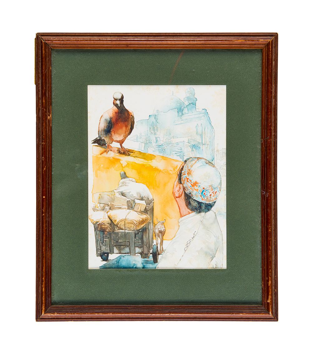 Lot 386: A BIRD AND A MAN A WATERCOLOUR PAINTING BY MOHAMMED NASSER (EGYPTIAN)