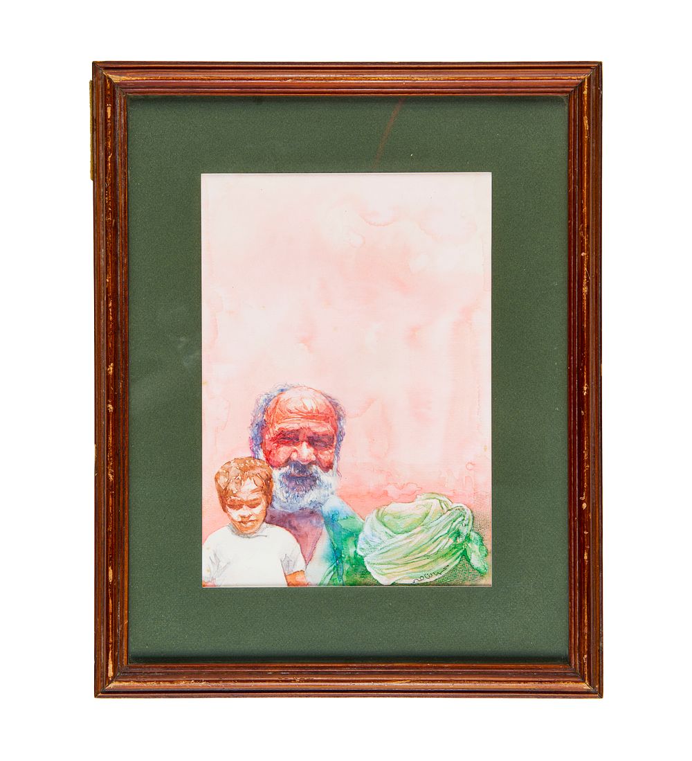 Lot 388: MAN WITH A CHILED A WATERCOLOUR PAINTING BY MOHAMMED NASSER (EGYPTIAN)