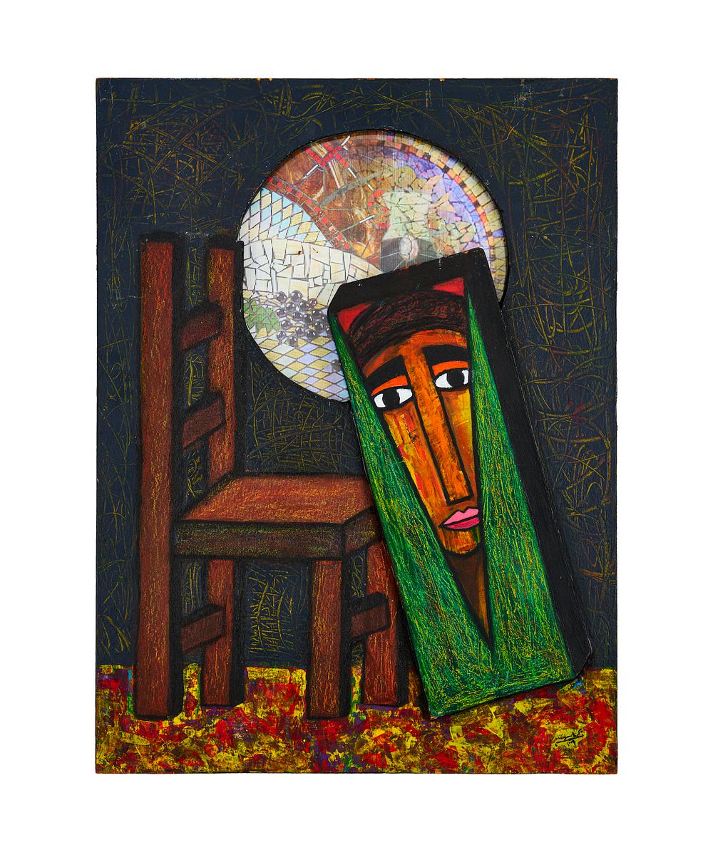 Lot 382: GREEN BOX AND THE CHAIR MIXED MEDIA ART, ZAKARIA SOLIMAN (EGYPTIAN)