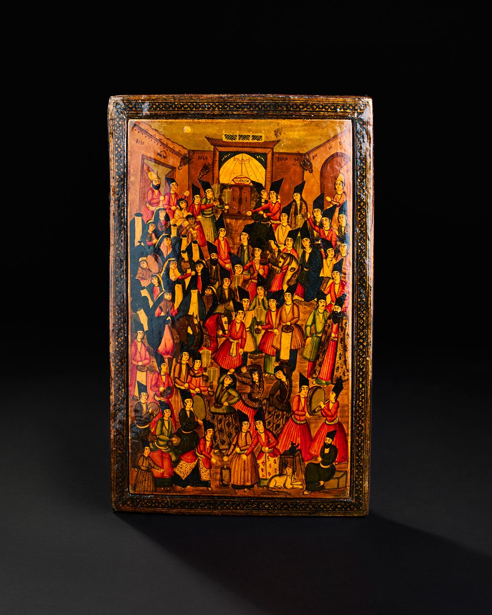 Lot 297: A LACQUERED PAPIER-MACHE MIRROR CASE, QAJAR PERSIA, 19TH CENTURY