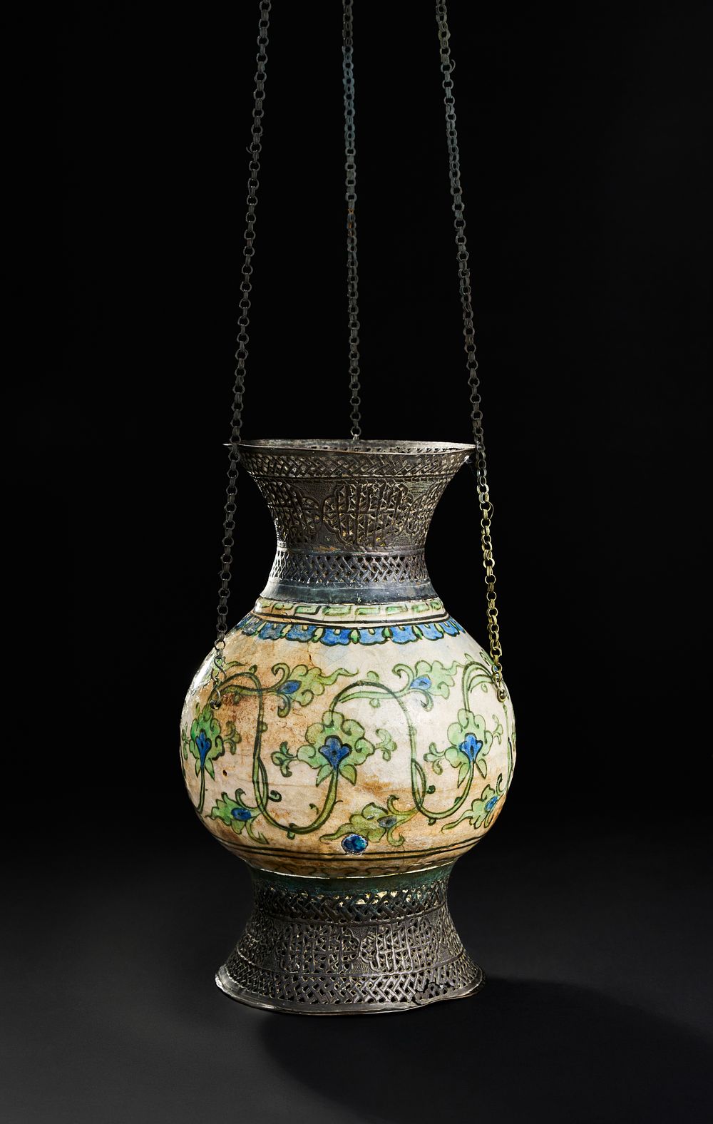 Lot 247: A RARE OTTOMAN SYRIAN DAMASCUS GLAZED POTTERY MOSQUE LAMP, 16TH- 17TH CENTURY
