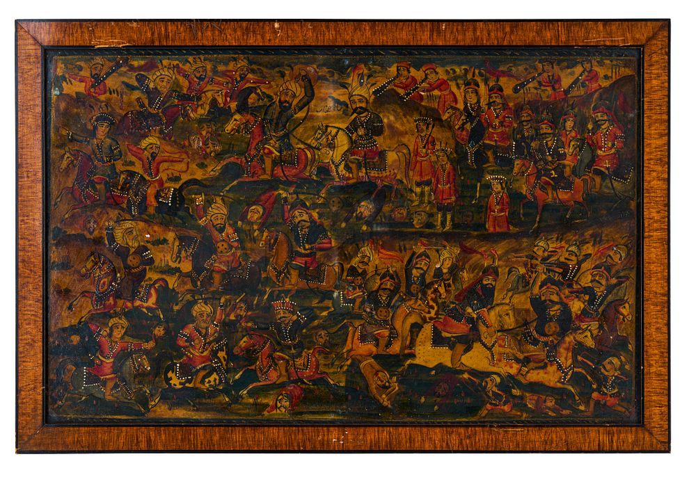 Lot 299: A PAINTED AND LACQUERED PERSIAN PANEL, BATTLE OF SHAH TAHMASP AND THE UZBEK, QAJAR, 19TH CENTURY