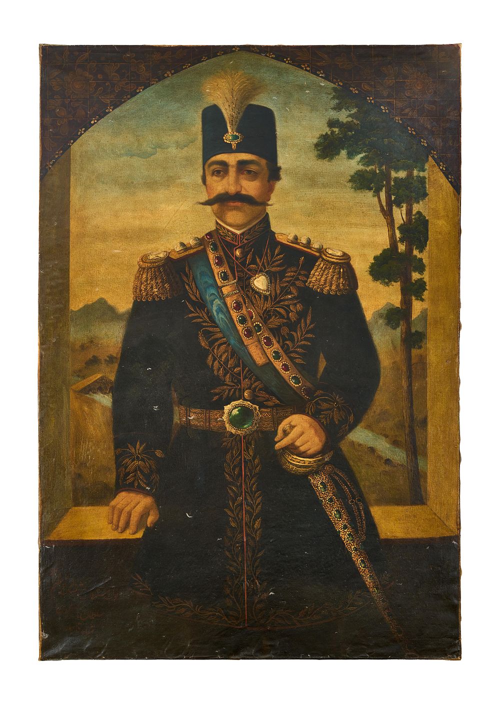 Lot 280: A LARGE OIL ON CANVAS PORTRAIT OF NASER AL DIN SHAH QAJAR, 19TH CENTURY