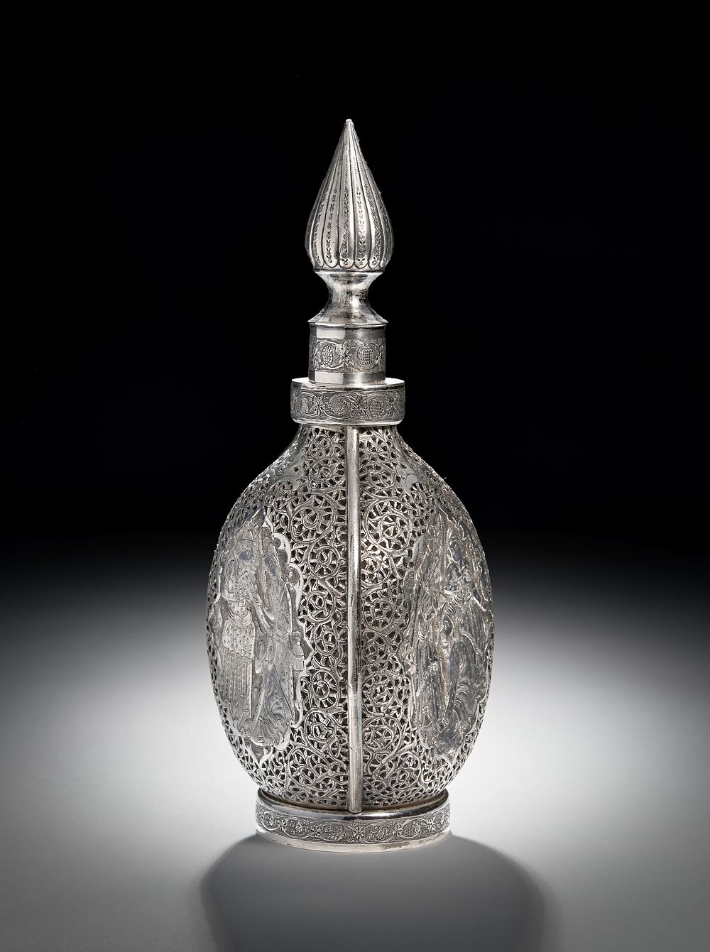 Lot 211: A PERSIAN SILVER MOUNTED GLASS BOTTLE, ISFAHAN, 20TH CENTURY