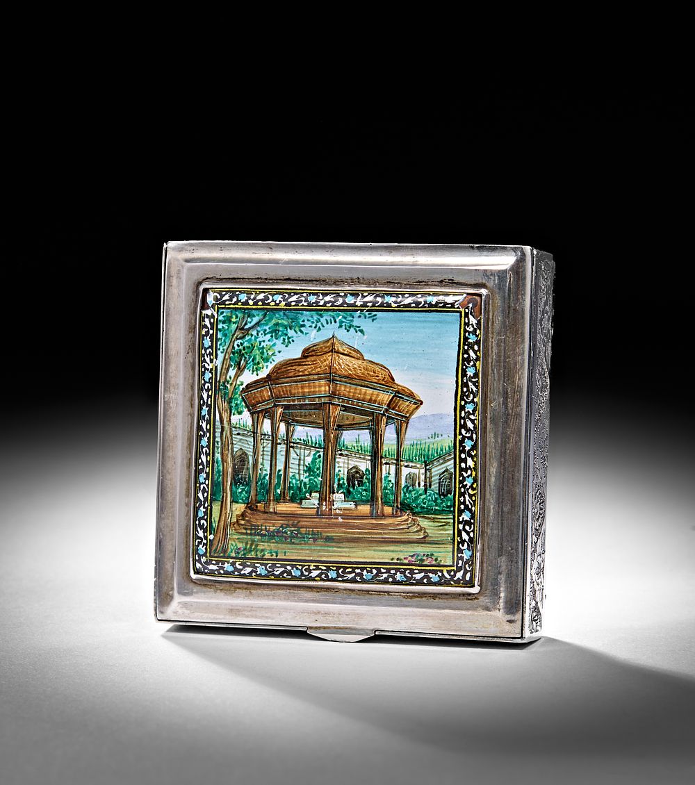 Lot 217:  A PERSIAN SILVER ENAMELLED SQUARE FOOTED HINGED TOP BOX, 20TH CENTURY