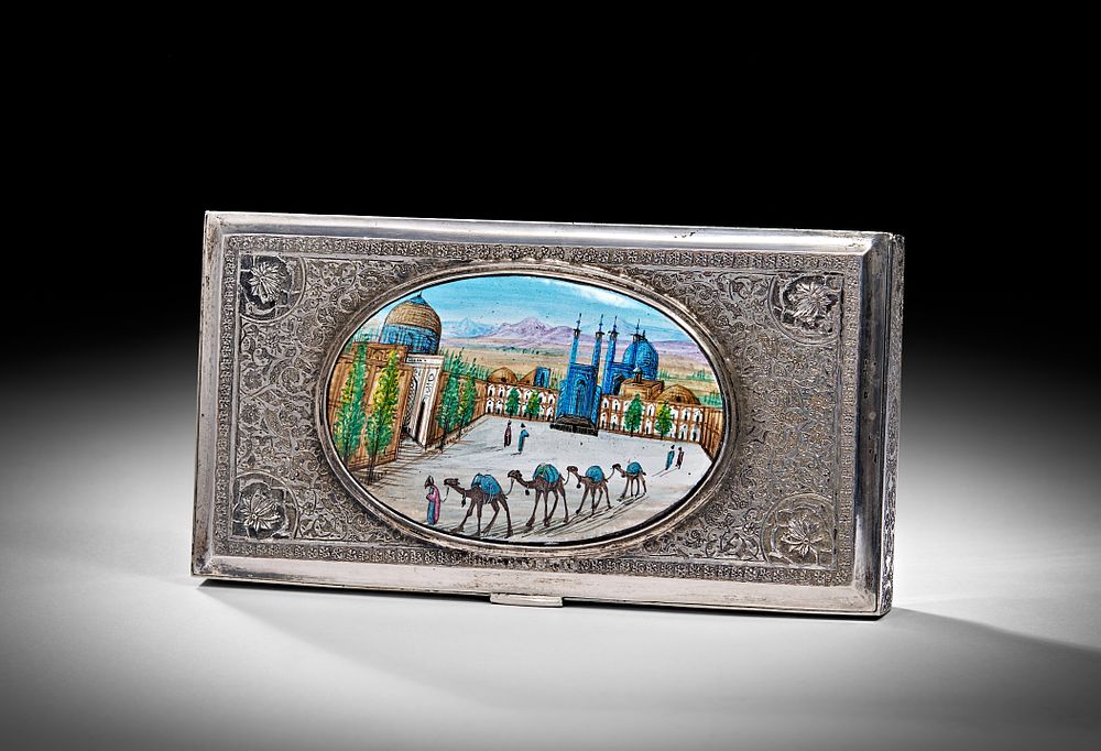 Lot 218:  A RECTANGULAR PERSIAN SILVER ENAMELLED HINGED TOP BOX, 20TH CENTURY