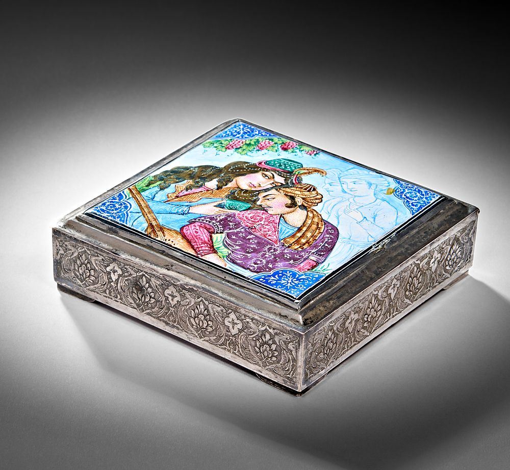 Lot 219: A LARGE SQUARE PERSIAN SILVER ENAMELLED HINGED TOP BOX, 20TH CENTURY