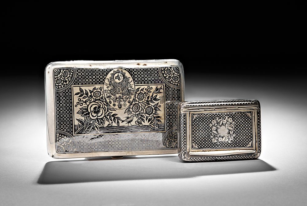 Lot 220: TWO ANTIQUE OTTOMAN SILVER NIELLO CASES, EARLY 20TH CENTURY