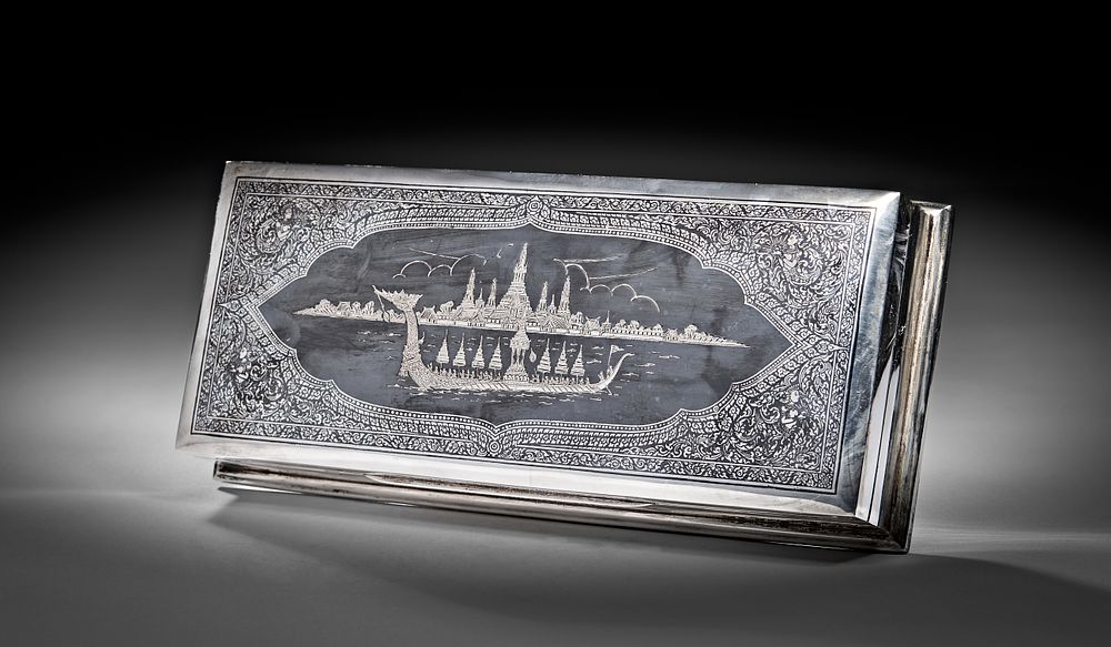 Lot 227: ANTIQUE SIAM STERLING SILVER NIELLO LONG BOX, 20TH CENTURY