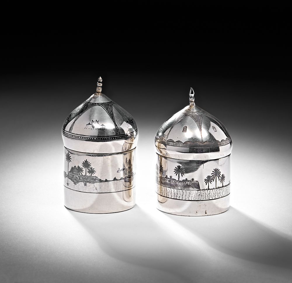 Lot 242: TWO IRAQI SILVER AND NIELLO JARS, 20TH CENTURY