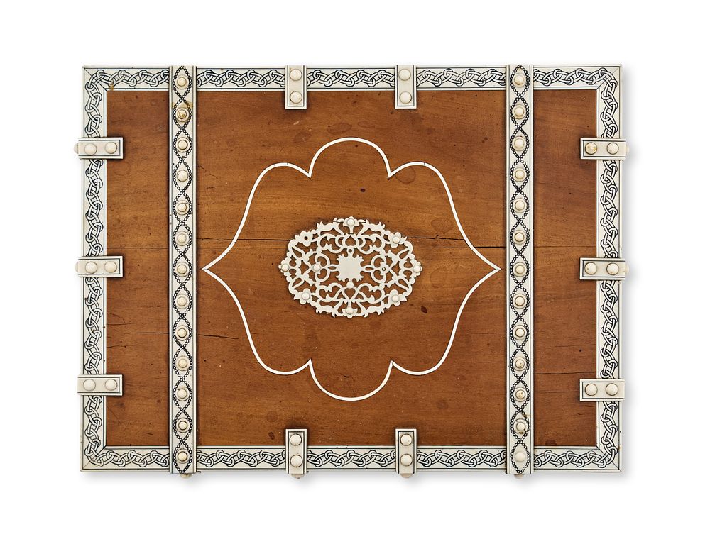 Lot 158: AN ANGLO INDIAN IVORY MOUNTED SANDALWOOD BOOK COVER, 19TH CENTURY
