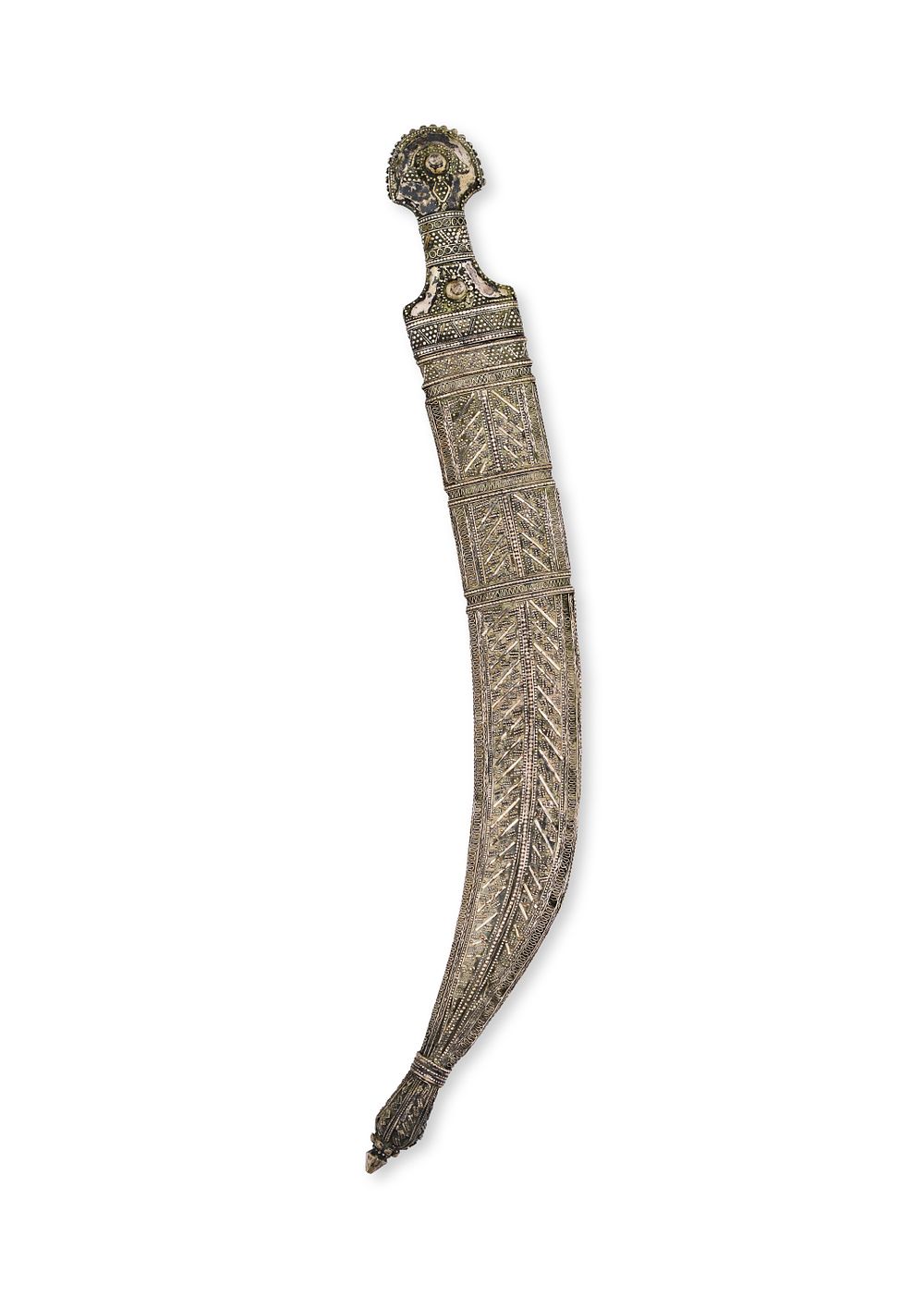 Lot 151: A LARGE ARAB YEMENI WHITE METAL MOUNTED DAGGER, 19TH CENTURY