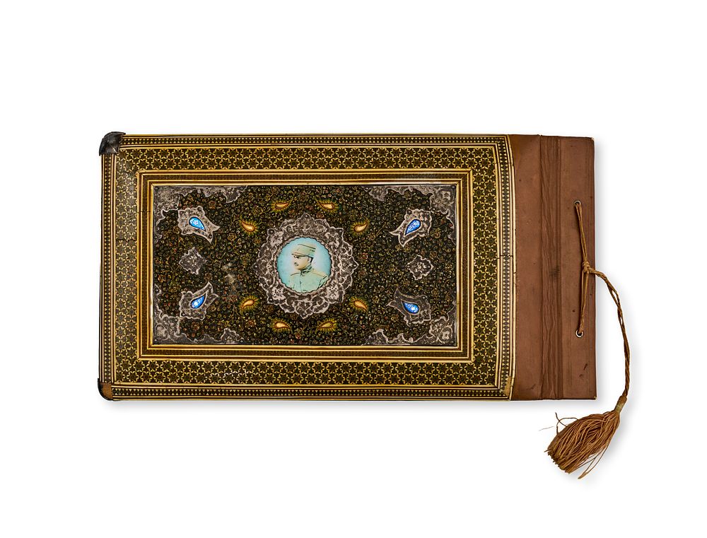 Lot 160: A HAND PAINTED PERSIAN ALBUM COVER SIGNED IMAMI