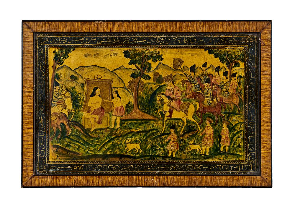 Lot 170: A QAJAR LACQUERED PAINTING OF KHURSO AND SHIRIN, PERSIA, 19TH CENTURY