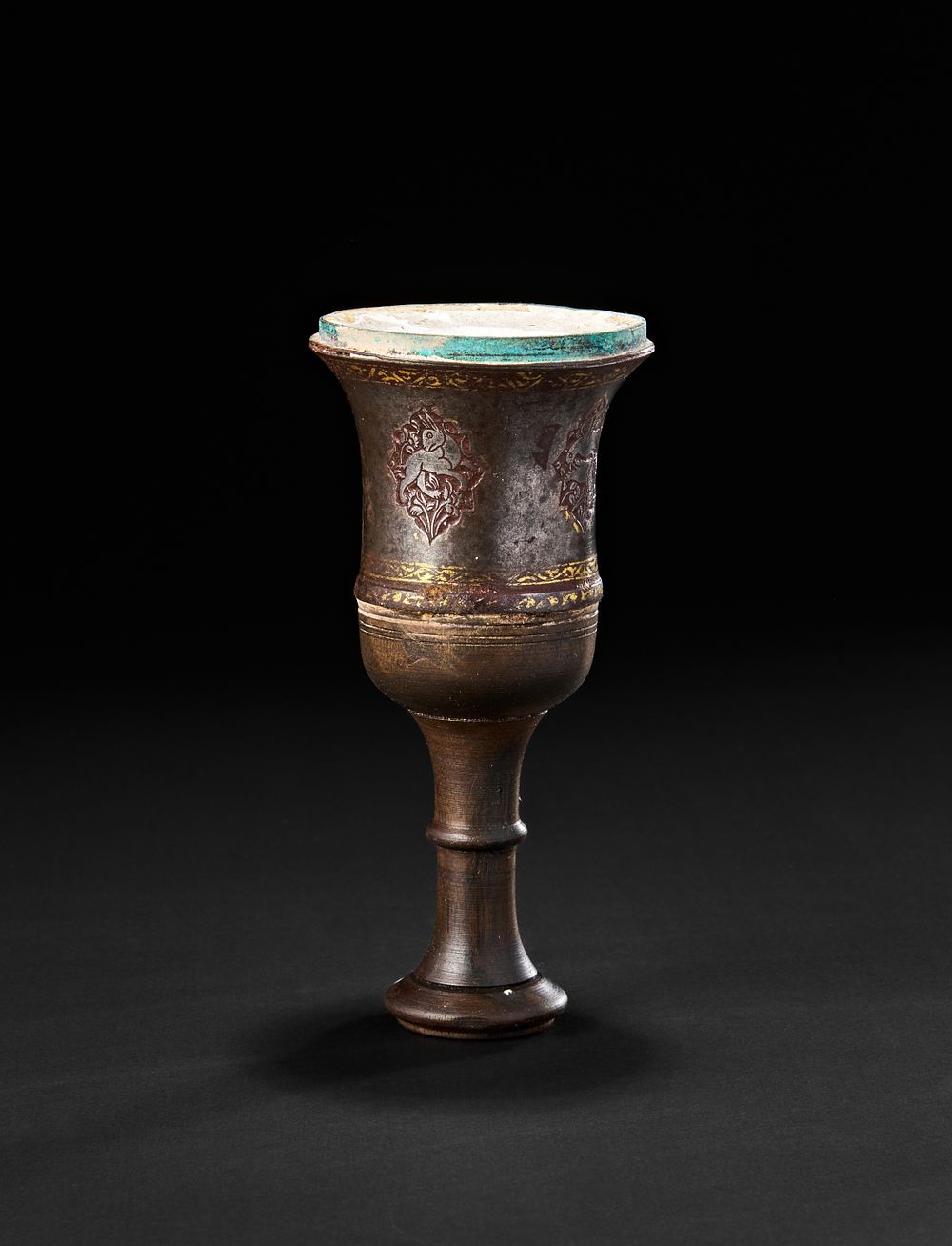 Lot 199: A GILT METAL AND WOOD GHALIAN CUP, QAJAR, PERSIA, 19TH CENTURY