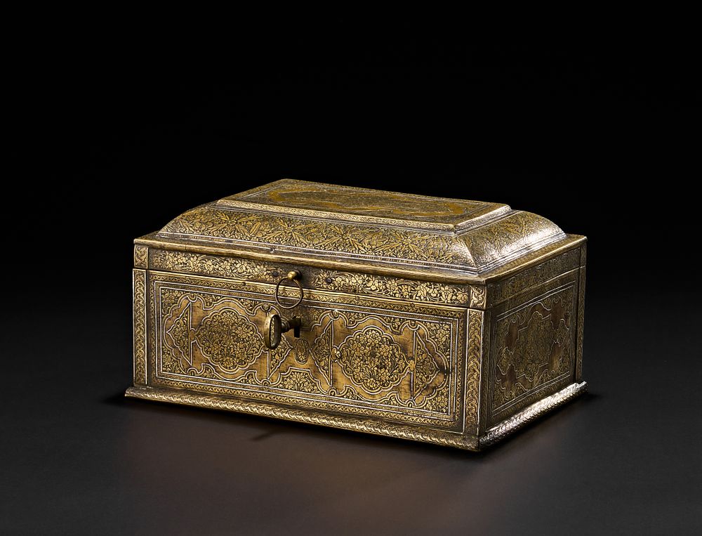 Lot 221: A QAJAR ENGRAVED AND SILVER INLAID BRASS CASKETS SIGNED BY JAAFAR, PERSIA, 19TH CENTURY