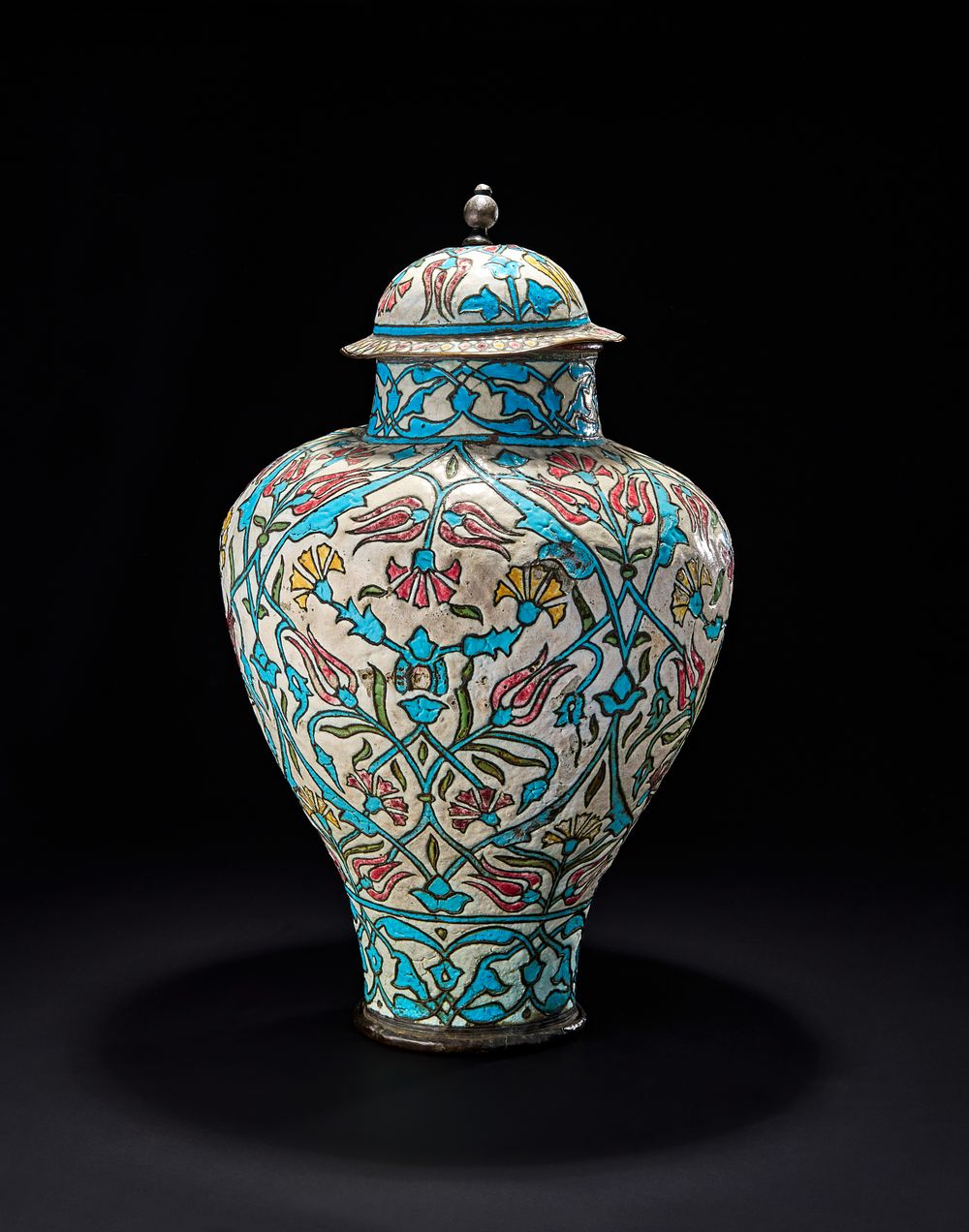 Lot 224: A LARGE DAMASCUS ENAMELLED COPPER LIDDED VASE, OTTOMAN SYRIA, 19TH CENTURY