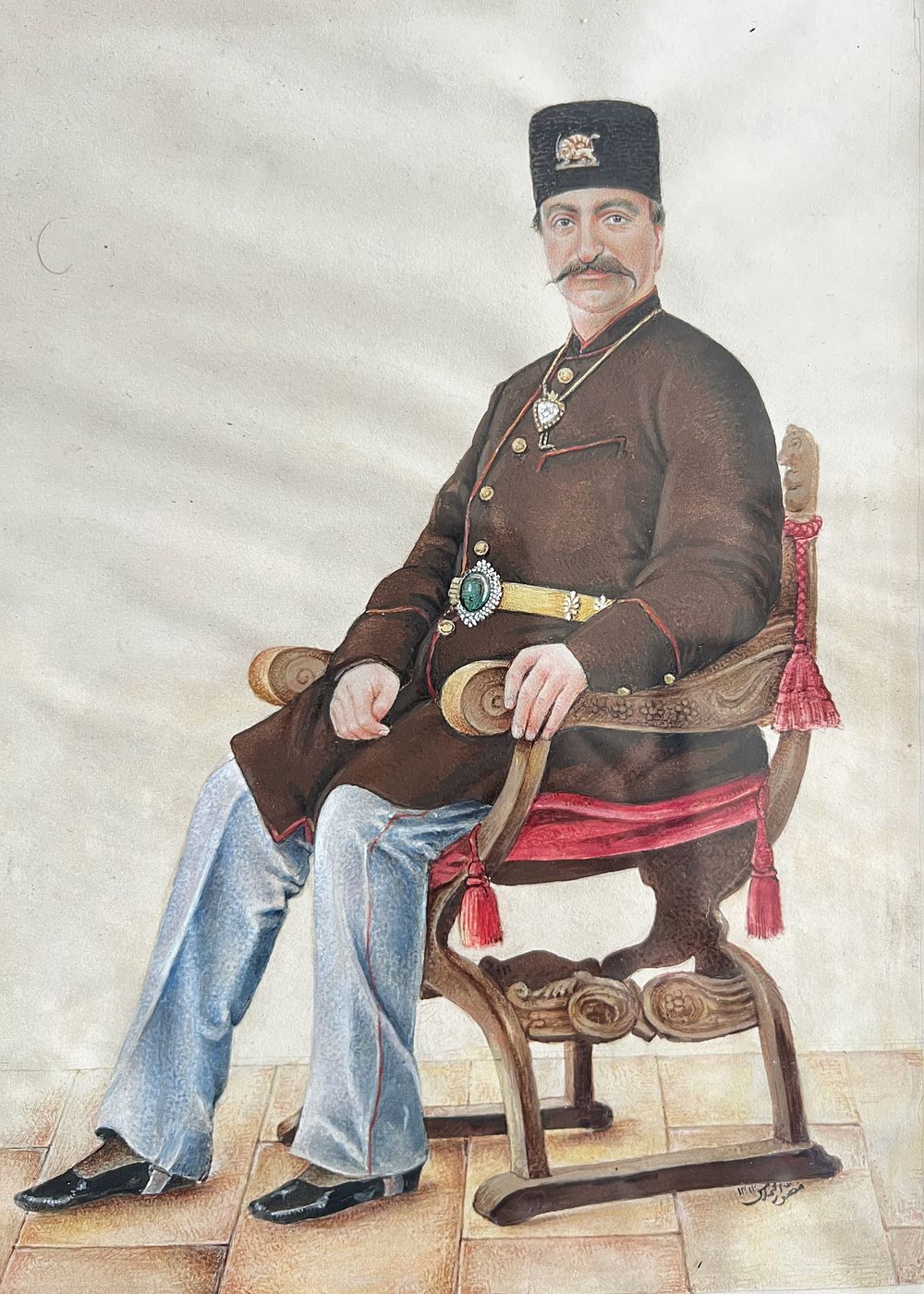 Lot 163: A FINE GOUACHE ON PAPER DEPICTING NASER AL DIN SHAH SIGNED MUSAVVIR AL MULK