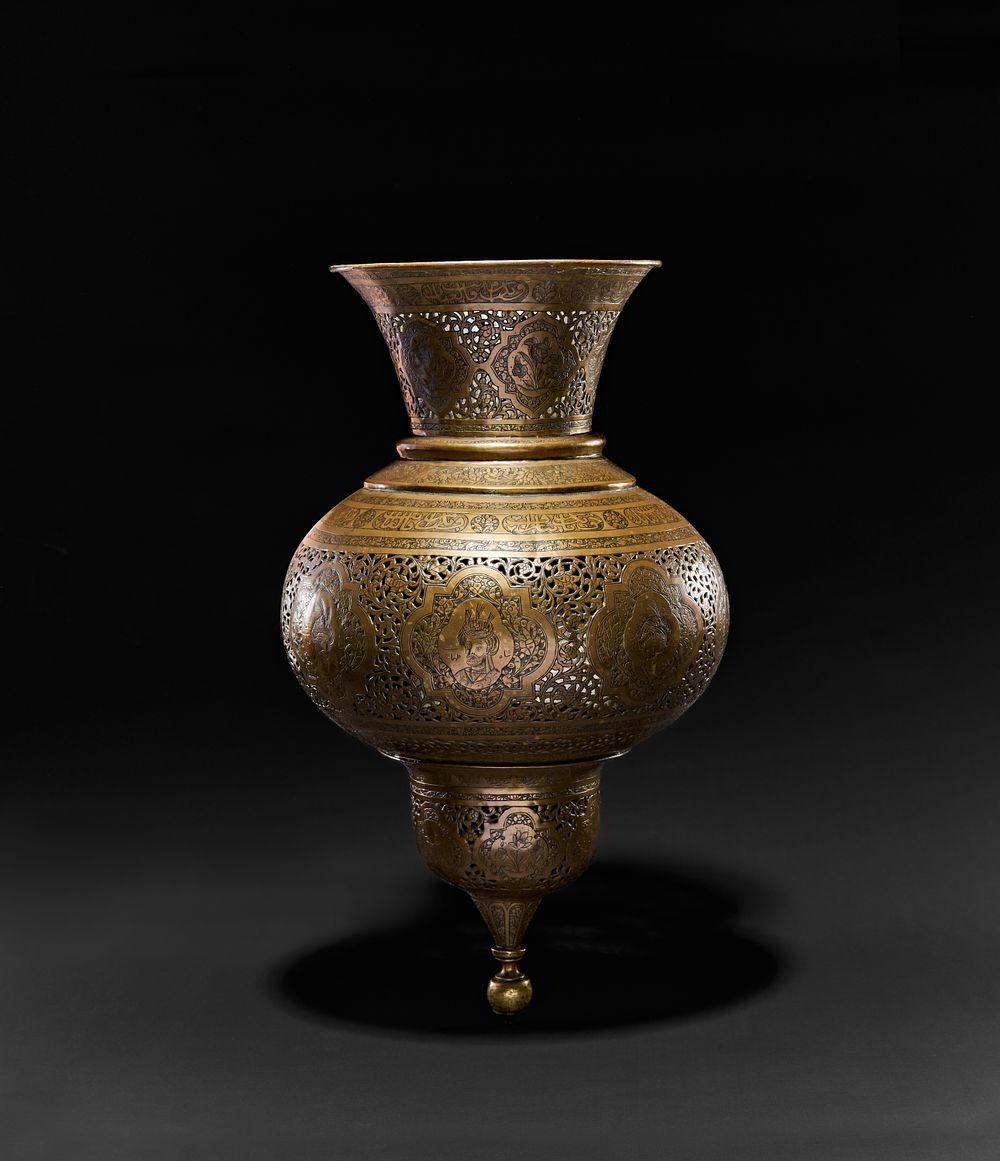 Lot 146: A BRASS QAJAR OPENWORK LANTERN WITH ANCIENT PERSIAN KINGS DEPICTIONS, 19TH CENTURY