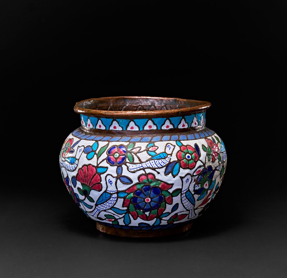 Lot 163: A LARGE ENAMELLED COPPER BOWL, SYRIA DAMASCUS, 19TH CENTURY