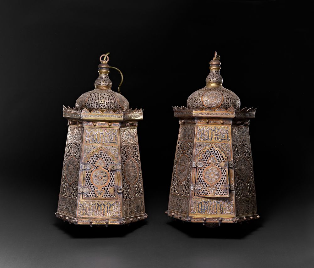 Lot 165: A PAIR OF MAMLUK REVIVAL INLAID BRASS LANTERNS, EGYPT OR SYRIA, 19TH - 20TH CENTURY