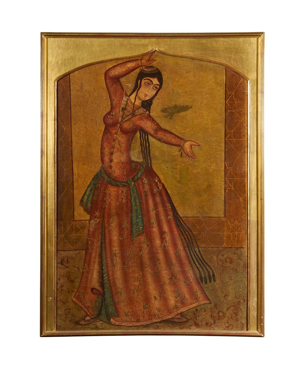 Lot 297: A LARGE QAJAR OIL ON CANVAS PORTRAIT OF A DANCING LADY