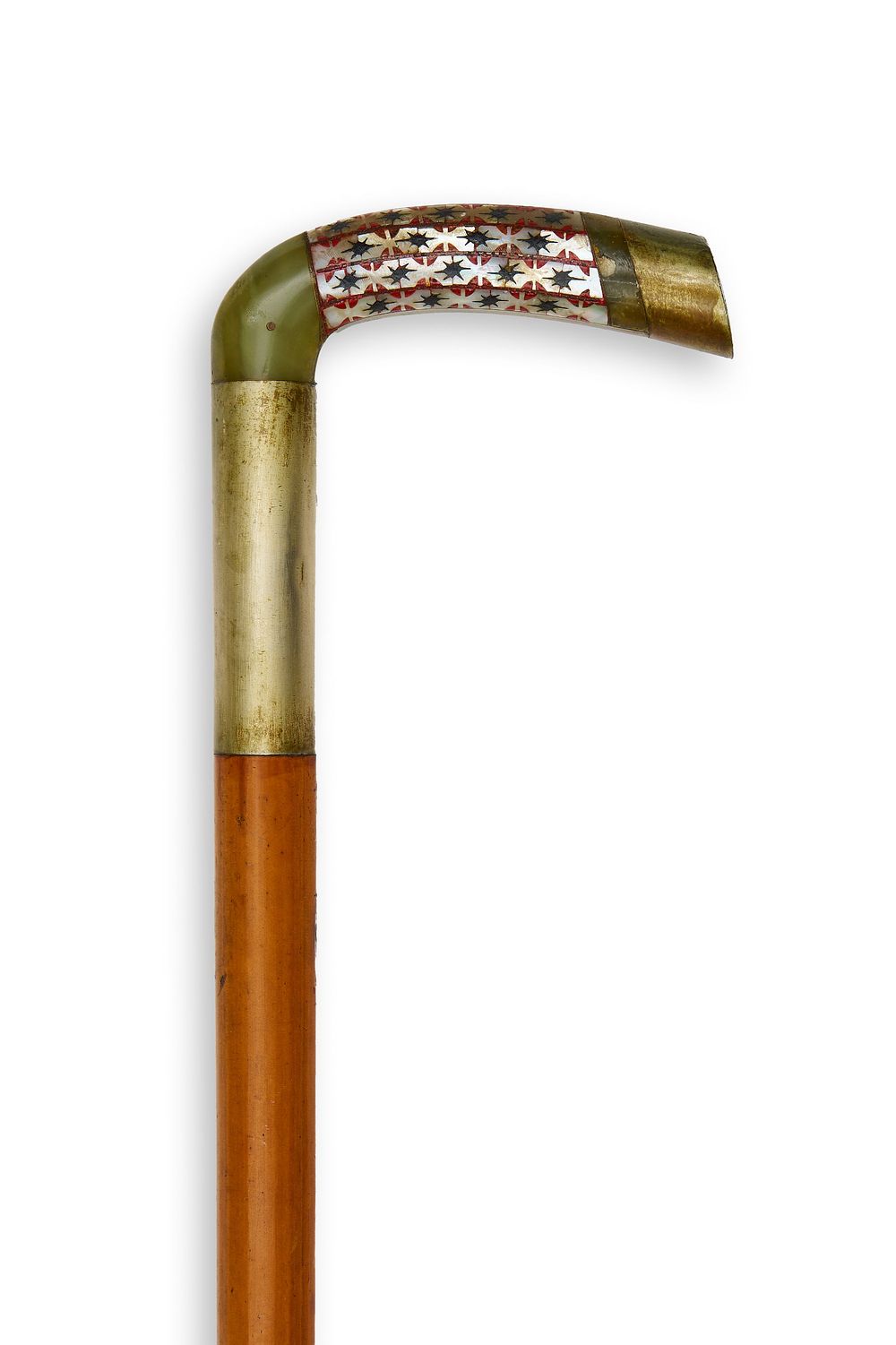 Lot 196: A JADE INLAID HANDLE WOODEN SWAGGER WALKING STICK, POSSIBLY INDIA, LATE 19TH - EARLY 20TH CENTURY