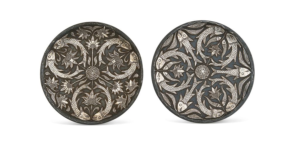 Lot 175: TWO INDIAN SILVER INLAID BIDRI DISHES WITH FISH DECORATION, LUCKNOW, 19TH CENTURY