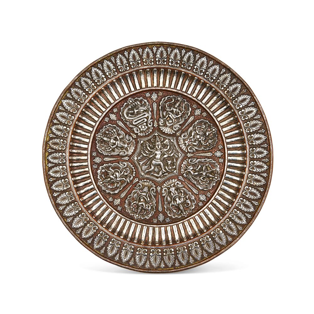 Lot 177: AN OVERLAID COPPER CHARGER DEPICTING HINDU DEITIES, SOUTH INDIA TANJORE, 19TH CENTURY