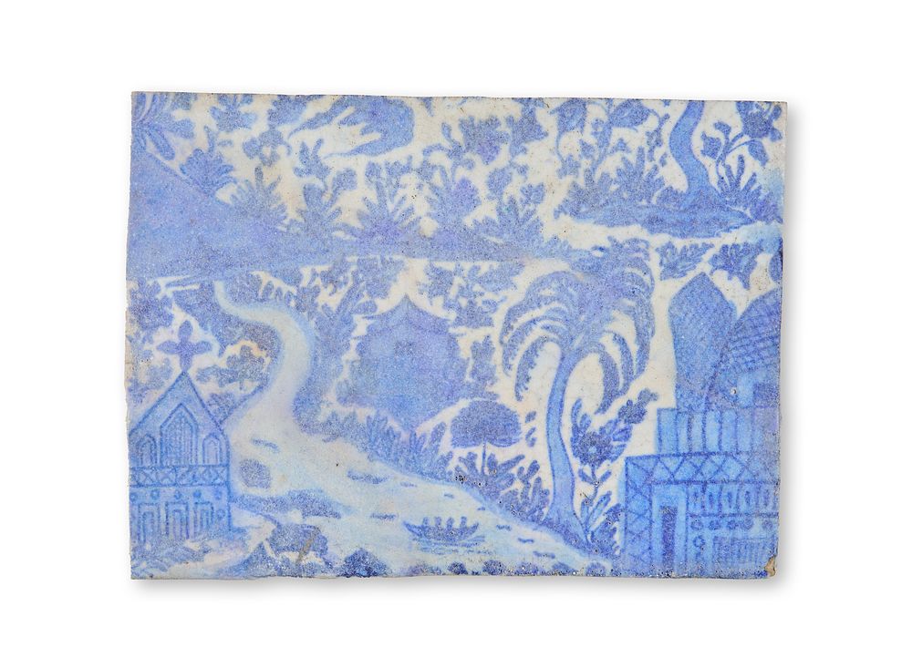 Lot 323: A LARGE BLUE AND WHITE POTTERY TILE DEPICTS MOSQUE AND CHURCH, POSSIBLY SYRIA