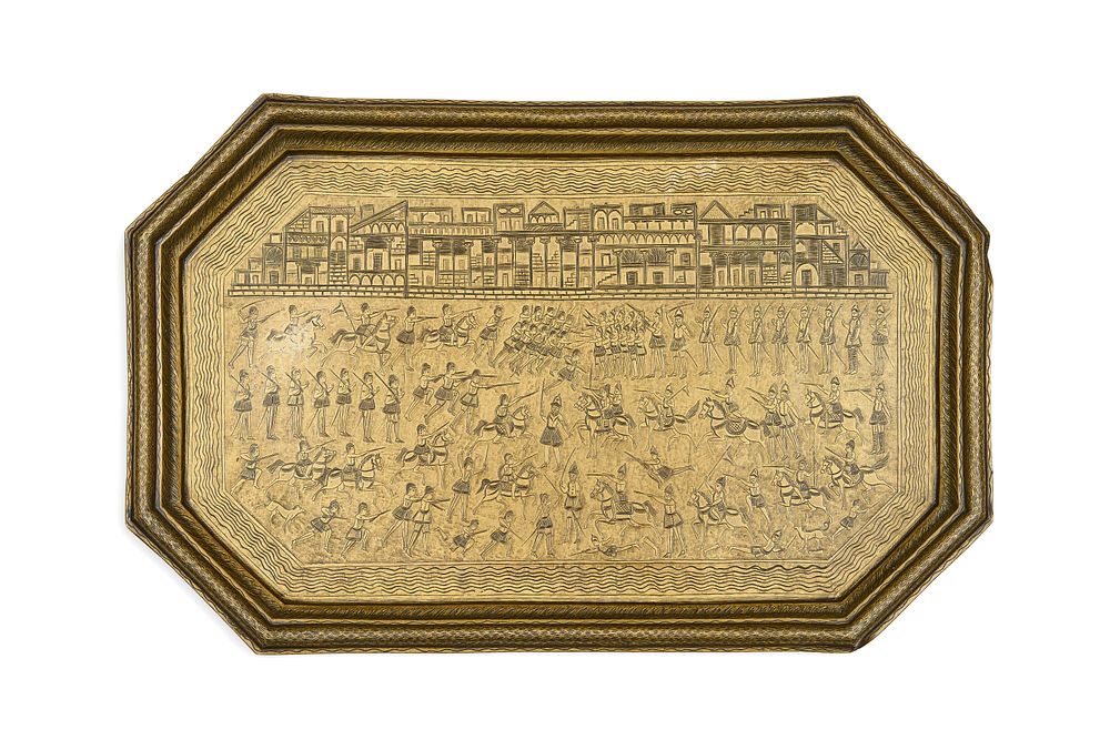 Lot 182: AN INDIAN ENGRAVED BRASS TRAY, BATTLE SCENE BETWEEN BRITISH AND SIKH ARMY, 19TH CENTURY